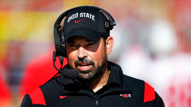Ohio State head coach Ryan Day against Rutgers during an NCAA football game, Saturday, Oct. 2, 2021, in Piscataway, N.J. (AP Photo/Noah K. Murray)